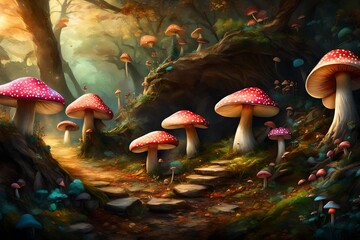 A whimsical fantasy wallpaper featuring an enchanted forest adorned with vibrant mushrooms.