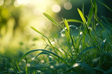 Fotobehang Green grass background with sunlight and bokeh,  Abstract nature background © Nam