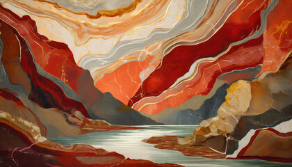 Paint an oil scene inspired by the rustic red hues of Levanto marble, capturing the essence....
