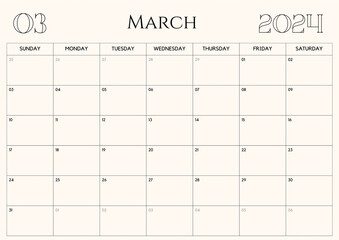 Printable Monthly Calendar Template for March 2024. Wall Calendar in a Minimalist Style. Week Starts on Sunday.