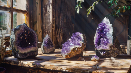Sunrays stream through a window, casting light on the mesmerizing purple amethyst geodes placed inside