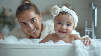 Mother playing with her baby while taking a baht, baby in a bathtub, for Mother’s Day illustration  - obrazy, fototapety, plakaty
