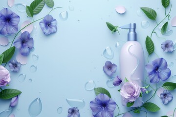 A bottle of perfume is surrounded by purple flowers