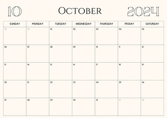 Printable Monthly Calendar Template for October 2024. Wall Calendar in a Minimalist Style. Week Starts on Sunday.