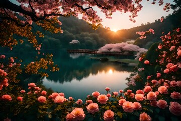 A stunning HD shot of a peaceful lakeside retreat, where the golden sunrise kisses the roses, cherry blossoms, and cosmos flowers amid lush surroundings.
