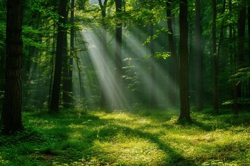 Morning in the forest with sunbeams and rays of light - obrazy, fototapety, plakaty