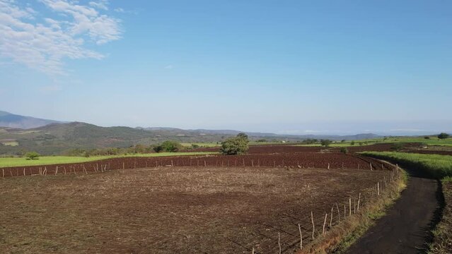 Prepared and fenced farmland in rural area. Aerial view. La Mora, Tepic, Nayarit