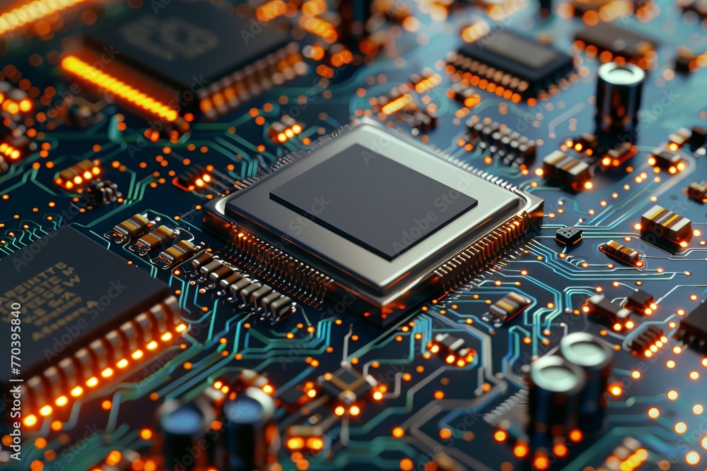 Poster a close up of a computer chip with a black square in the middle