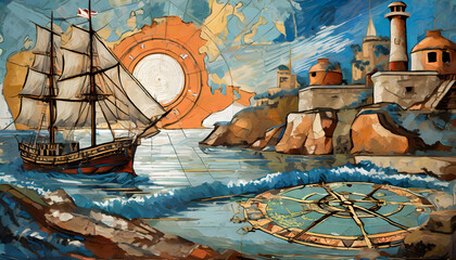 Paint an oil scene inspired by vintage maritime maps, incorporating weathered textures. Generative...