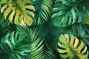 Tropical leaves background,  Palm and monstera leaves pattern