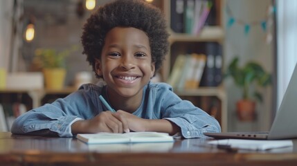 Smiling African Child Boy Doing Homework at Home. Kid, American, Desk, Education, Learn, Happy, Smile, Person, Children, Student, Study, Book, Childhood, Classroom, Son, Exercise
 - obrazy, fototapety, plakaty