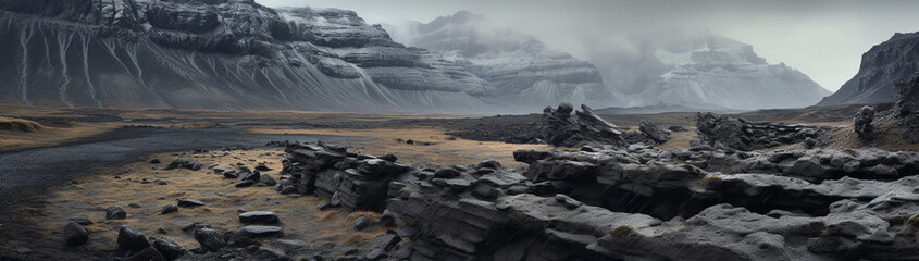 Glacial textures intersecting with volcanic rock formations, cooled by time. - obrazy, fototapety, plakaty
