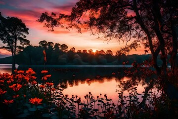 Serendipitous moment by the lake as the sun sets, painting the sky with vibrant colors, while the surrounding trees and flowers bask in the twilight.