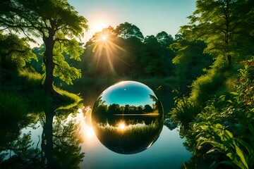 Through a crystal lens ball, a picturesque dawn scene unfolds,  a serene lake embraced by vibrant green foliage.