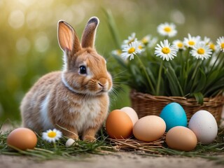 A cute rabbit sits in the green meadow beside colorful eggs with flowers. Easter bunny with eggs