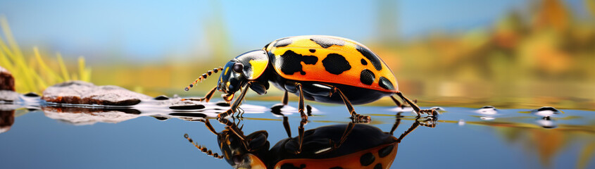Glossy back of a spotted beetle, reflecting the surrounding environment. - Powered by Adobe