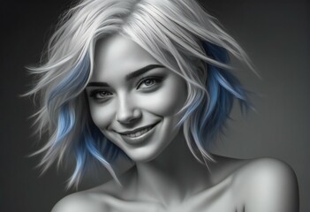 Portrait of a beautiful girl with blue hair on a gray background