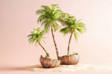 A tropical island with palm trees and a coconut on the beach