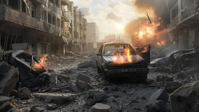 fire in the car exploided after war destroyed building and city animation 