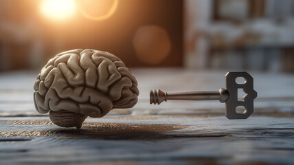 A human brain on a wooden surface next to a vintage key, suggesting unlocking potential or solutions, in warm sunlight.