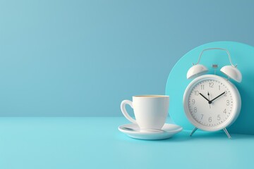 Fototapeta na wymiar A clock and a coffee cup are placed on a blue background
