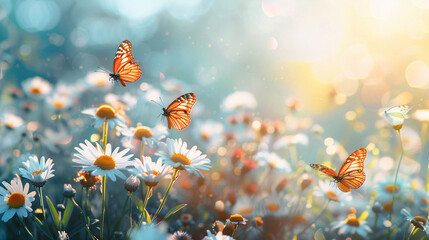 Photo of a large number of white daisies and orange butterflies that fly above them. Summer background