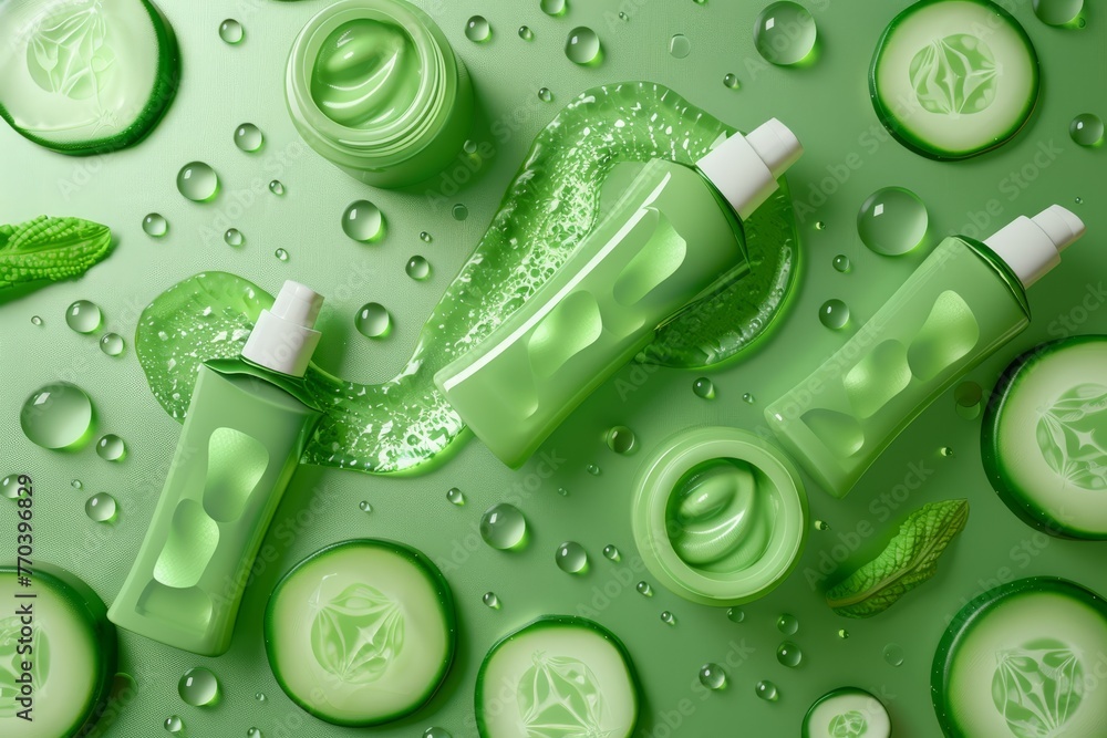 Poster a green background with cucumber slices and green bottles of facial products