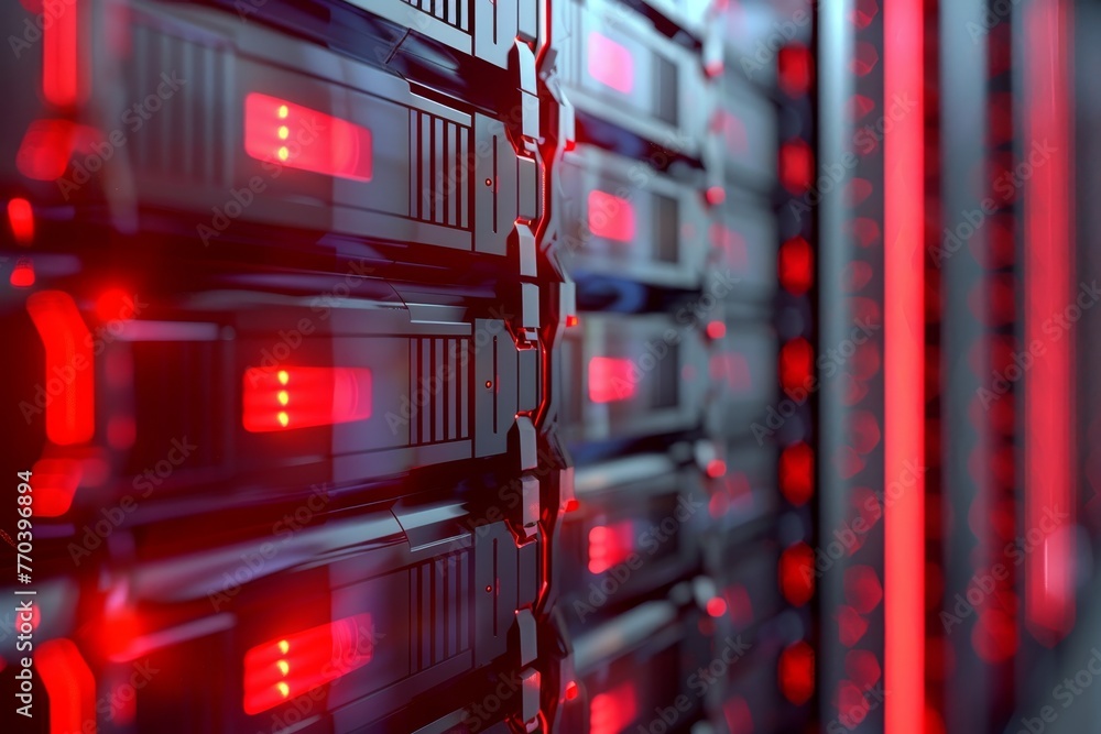 Poster a row of servers with red lights on them