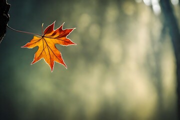 A close-up view of a solitary maple leaf suspended mid-air, captured in the midst of its graceful descent.