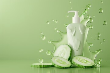 A bottle of cucumber toner sits on a table next to cucumber slices
