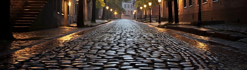 Interlocking cobblestone street glistening after a fresh rain.