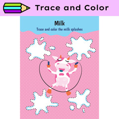 Pen tracing lines activity worksheet for children. Pencil control for kids practicing motoric skills. Cow educational printable worksheet. Vector illustration.