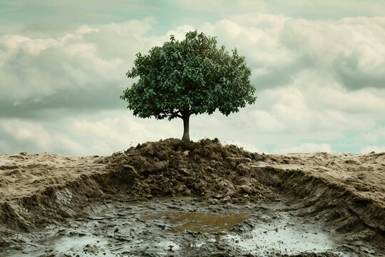 Lonely tree in the mud,  Conceptual image