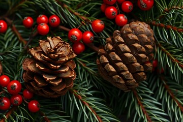 Obraz na płótnie Canvas Christmas fir tree branches with cones and rowan berries, closeup