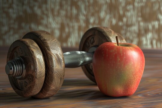 A apple sits on top of a dumbbell