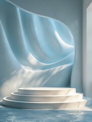 Podium and sculpture of a wave background. showcase and product concept