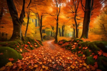 An enchanting forest pathway carpeted with fallen maple leaves, leading into the heart of the woods...