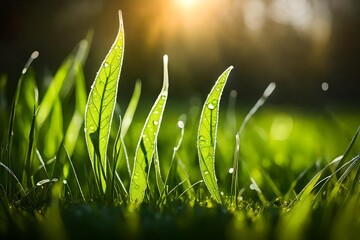 A close-up of dewy green grass blades illuminated by the soft morning light, with an autumn leaf resting nearby. - obrazy, fototapety, plakaty