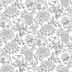 Seamless pattern with monochrome black and white chinoiserie hand drawn flowers and birds motifs. Floral wallpaper with chinese style ornament.