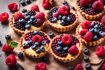  vanilla custard tarts topped with raspberries and blueberries