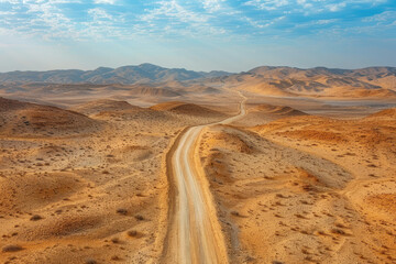 Fototapeta na wymiar Remote Desert Road Aerial View, road adventure, path to discovery, holliday trip, Aerial view