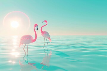 Fototapeta premium Two pink flamingos standing in the water in front of a blue sky