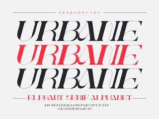 Vector of stylized modern elegant serif alphabet design with uppercase, numbers and symbols