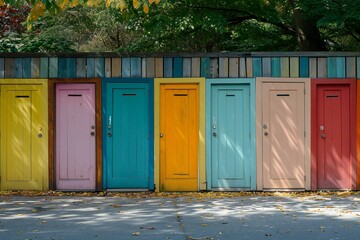 Colorful wooden doors in a row on the ground in the park