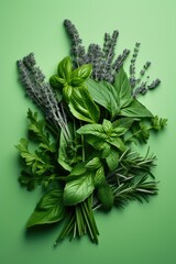 Various fresh aromatic herbs on green coloured background.