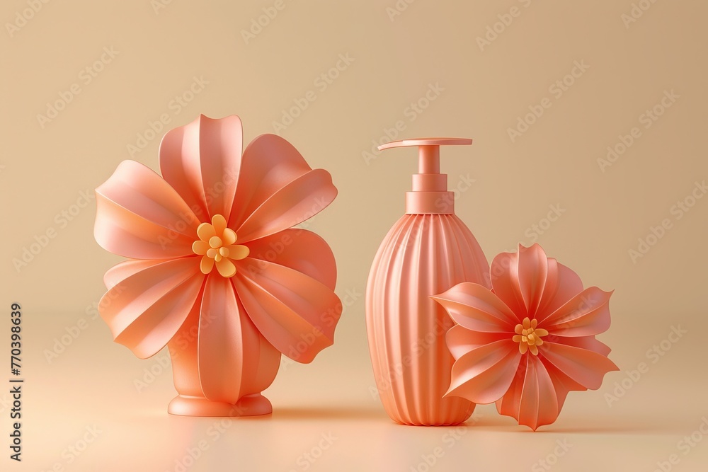 Poster a vase with a flower and a bottle of lotion are displayed on a table