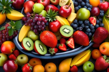 Fruit platter with fresh grapes, apple, pineapple, kiwi, mango, red ripe strawberry 