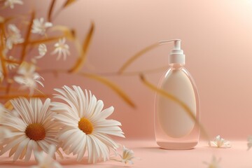 A bottle of perfume is placed on a table next to a bunch of white flowers