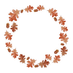 An oak leaf and acorn wreath with an acorn watercolor isolated on white