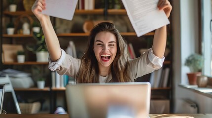 Successful woman is happy at work, Papers Fly in Modern Workspace